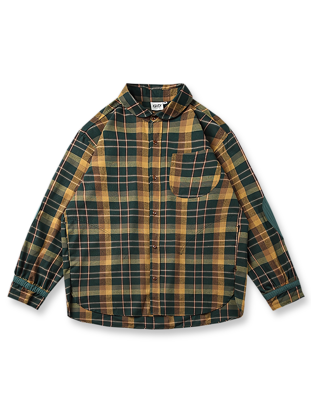 製品画像: 肘パッチ付きヴィンテージ風チェック柄シャツの全体像
詳細画像: 肘パッチとアジャスター付き袖口のディテール