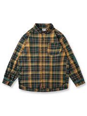 製品画像: 肘パッチ付きヴィンテージ風チェック柄シャツの全体像
詳細画像: 肘パッチとアジャスター付き袖口のディテール