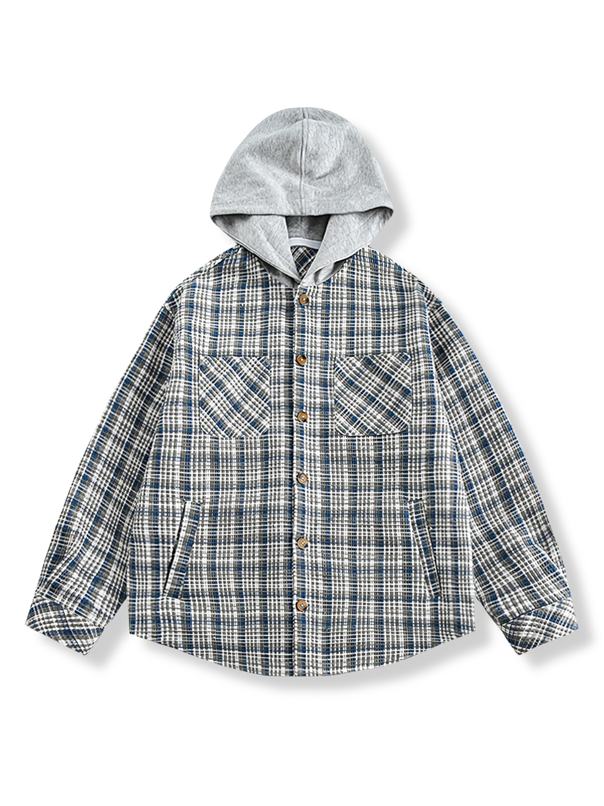 フード付き チェック柄長袖シャツ