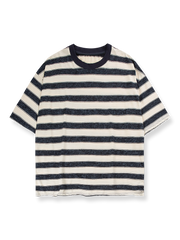 製品画像: ピンクとブラックのストライプラウンドネック半袖Tシャツの正面