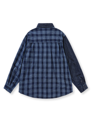 デニム＆チェック柄 パッチワーク 長袖シャツ