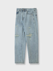 穴あきダメージ ストレートデニムパンツ