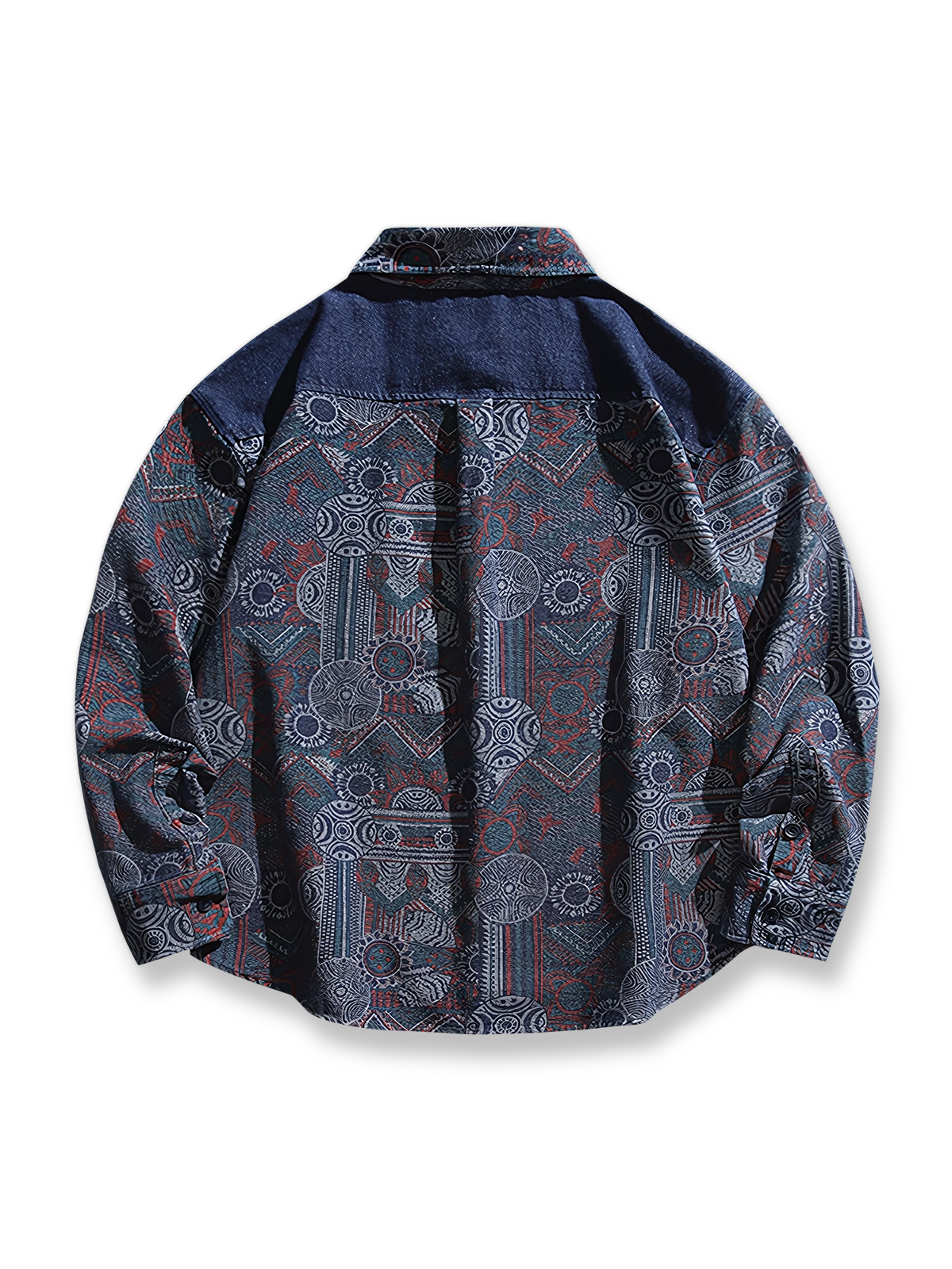  デニムパッチポケット付きプリントシャツのフロントビュー