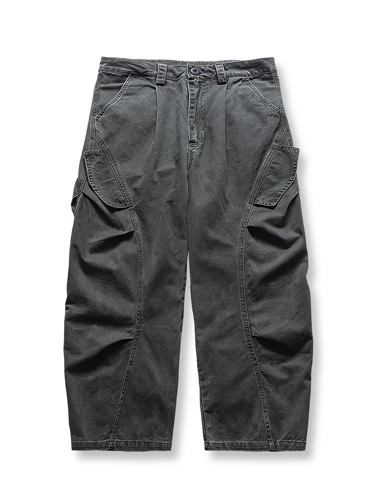 製品画像: ヴィンテージ風ウォッシュ加工の大型ポケット付きアメカジワークパンツ、100%コットン素材で快適な履き心地を提供し、脚を長く見せる効果が期待できる全体イメージ
詳細画像: アメカジスタイルのワークパンツに施された自然な色落ちと大型ポケットのディテール、耐久性のある縫製が特徴