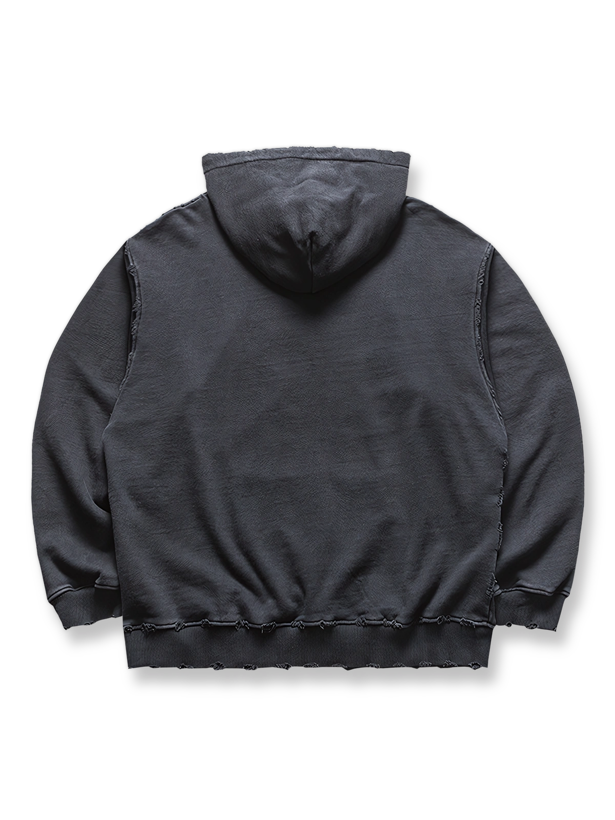 製品画像: ヴィンテージ風ダメージ加工とトレンドプリントが特徴のコットン100%ルーズフィットパーカー、ストリートスタイルに最適なフロント平置き画像
詳細画像: ダメージ加工とプリントデザインのディテール特写、カジュアルなスタイリングにおすすめ