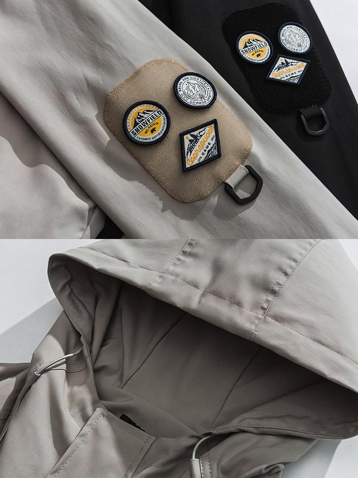 製品画像: エポレット付きフードワークジャケットの正面展示。ミリタリー風デザインと実用性を兼ね備え、防風・防水機能でアウトドアにも最適。エポレットと多機能パッチが特徴的。

詳細画像: エポレットディテールと袖口のパッチ、ドローコード付き裾の調整可能なデザインが際立つ。軽量で着やすい100%ポリエステル素材が防風・防水機能を提供。