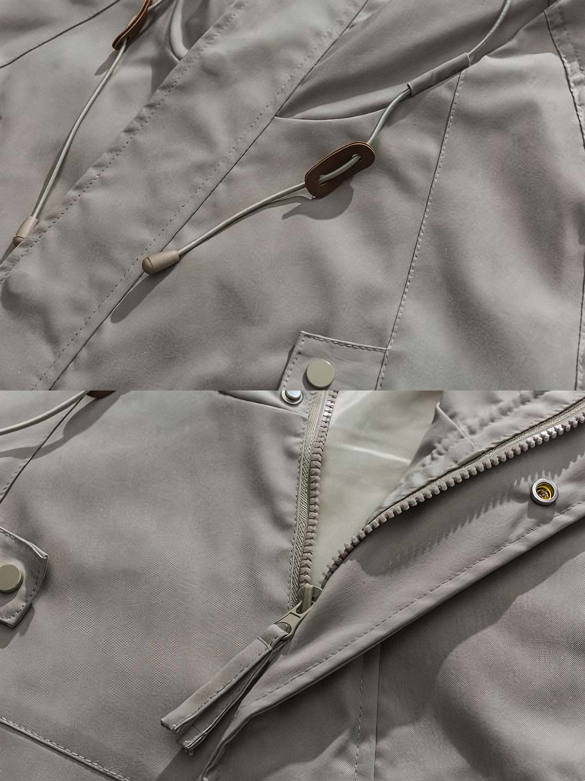 製品画像: エポレット付きフードワークジャケットの正面展示。ミリタリー風デザインと実用性を兼ね備え、防風・防水機能でアウトドアにも最適。エポレットと多機能パッチが特徴的。

詳細画像: エポレットディテールと袖口のパッチ、ドローコード付き裾の調整可能なデザインが際立つ。軽量で着やすい100%ポリエステル素材が防風・防水機能を提供。