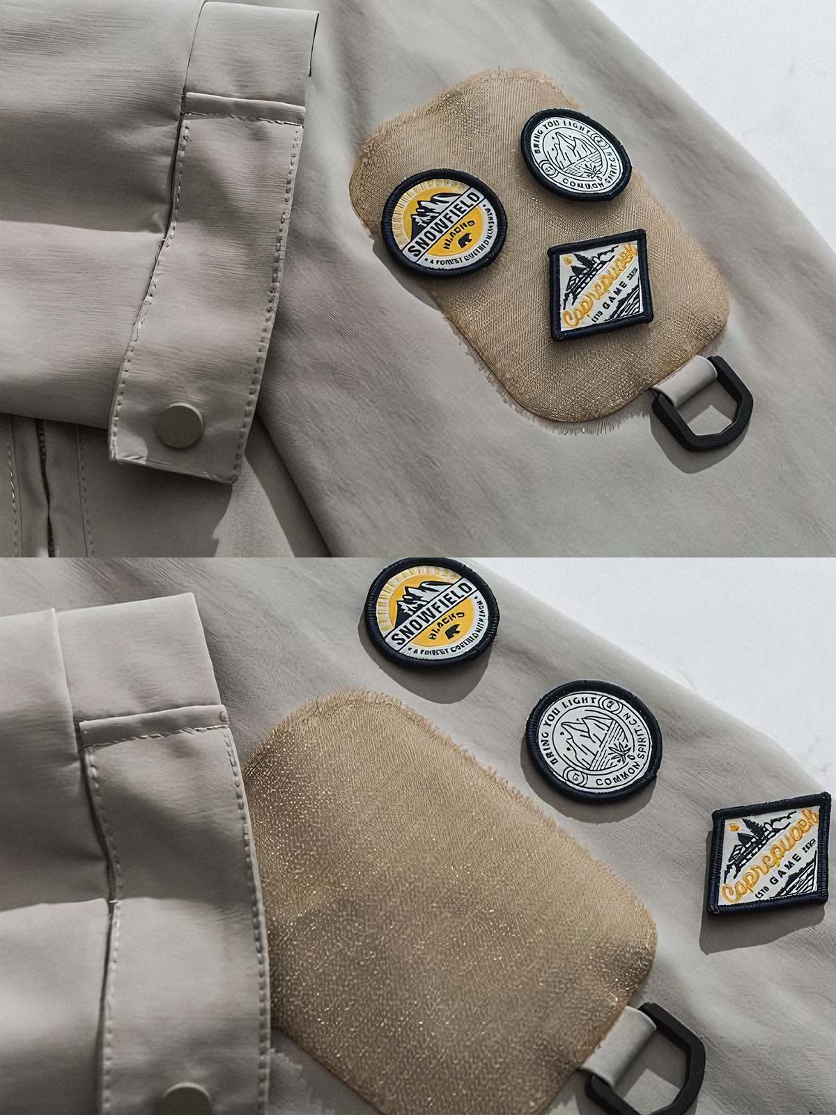 製品画像: エポレット付きフードワークジャケットの正面展示。ミリタリー風デザインと実用性を兼ね備え、防風・防水機能でアウトドアにも最適。エポレットと多機能パッチが特徴的。

詳細画像: エポレットディテールと袖口のパッチ、ドローコード付き裾の調整可能なデザインが際立つ。軽量で着やすい100%ポリエステル素材が防風・防水機能を提供。