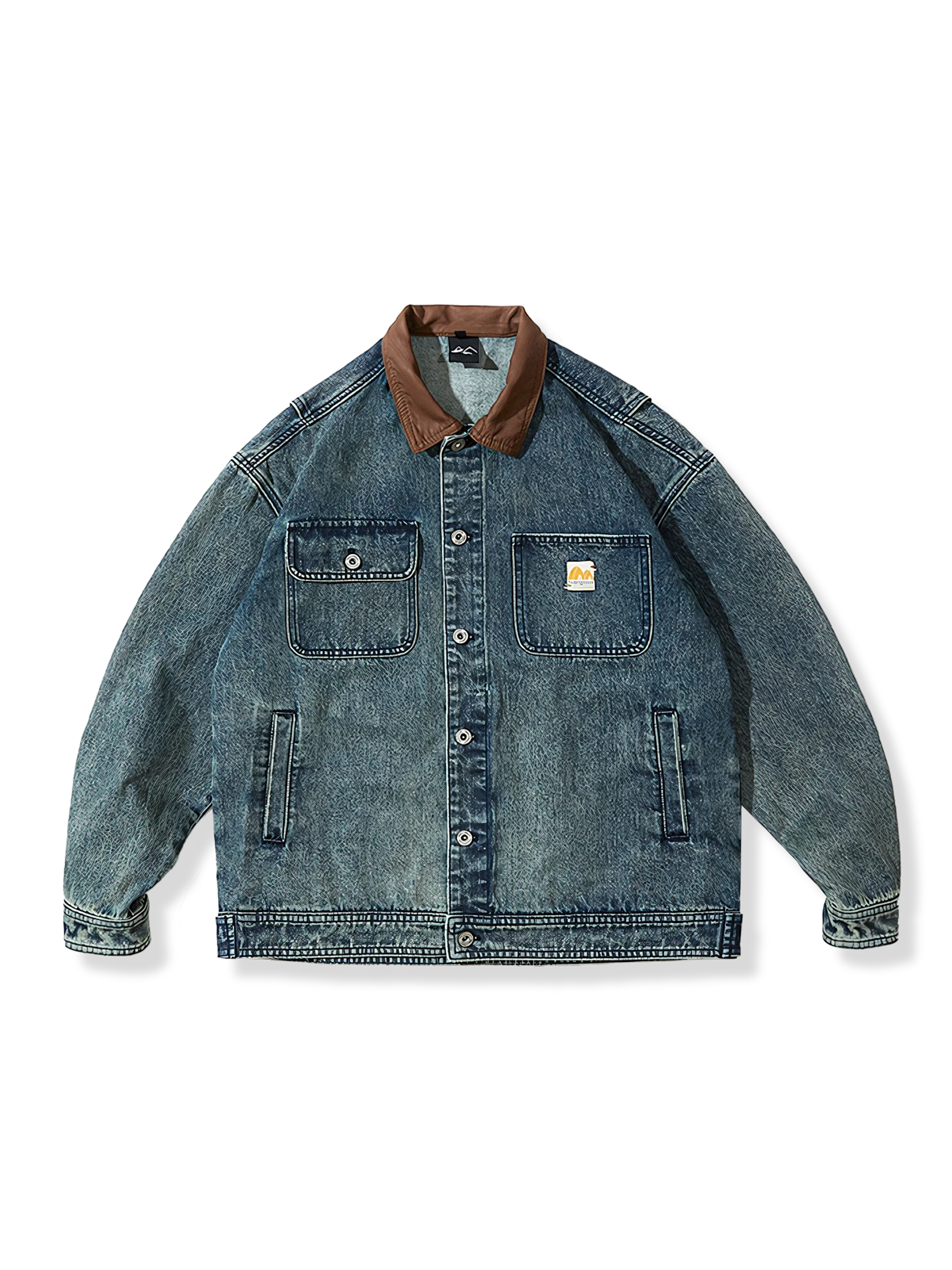 レザーカラー付きカラーブロックデニムジャケット