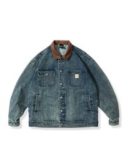 レザーカラー付きカラーブロックデニムジャケット