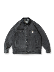 レザーカラー付きカラーブロックデニムジャケット