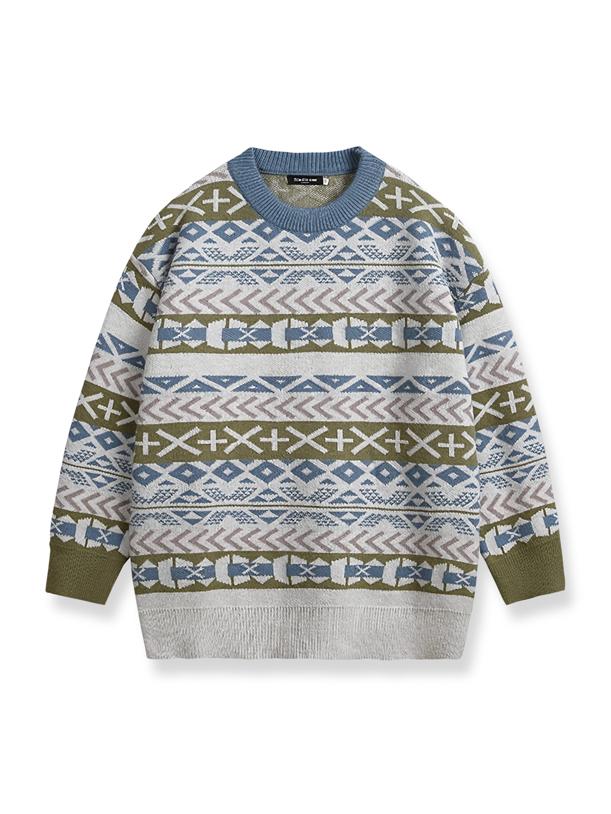 民族調 ジャカード編み クルーネック ニットセーター