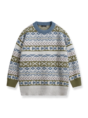 民族調 ジャカード編み クルーネック ニットセーター