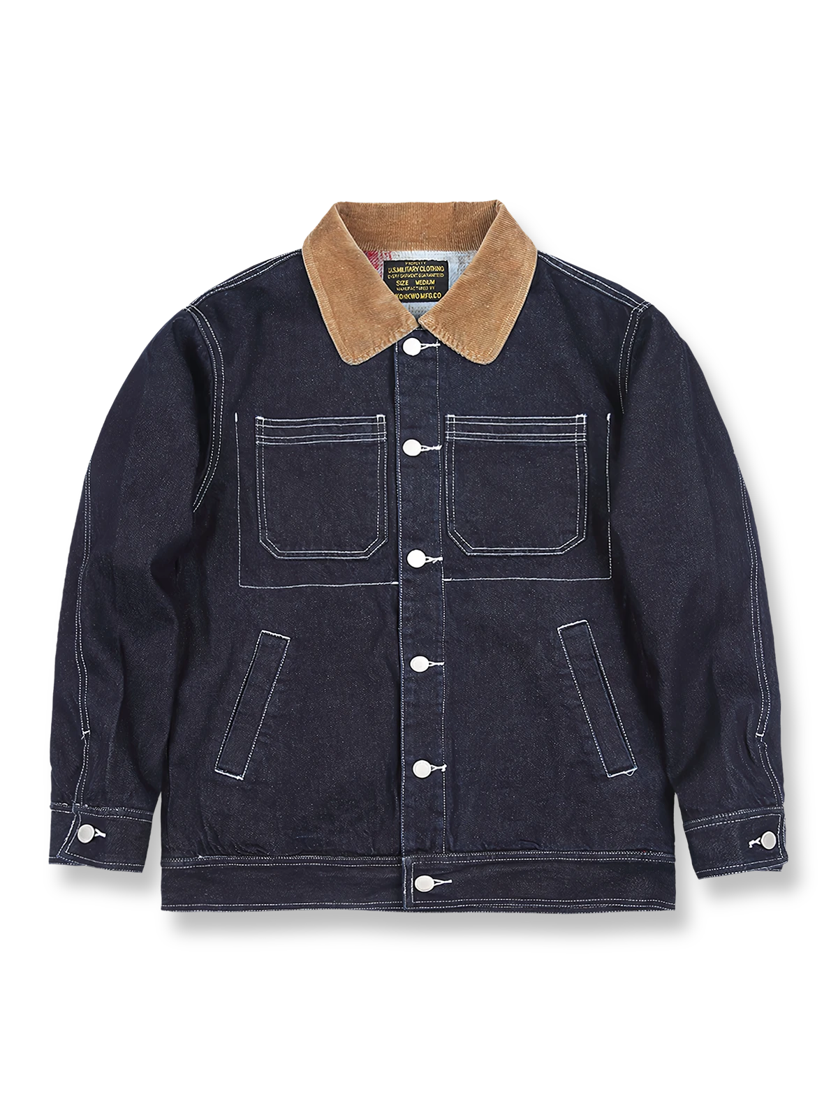 製品画像
「無地デニムとストライプデニムの2種類から選べるコーデュロイ襟付き多ポケットデニムジャケット全体像。クラシックなレトロデザインが特徴」

詳細画像
「コーデュロイ襟とウール混紡チェック柄裏地、金属パーツのブラス素材ディテールをクローズアップ。高い保温性とクラフトマンシップが光るデザイン」
