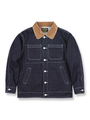 製品画像
「無地デニムとストライプデニムの2種類から選べるコーデュロイ襟付き多ポケットデニムジャケット全体像。クラシックなレトロデザインが特徴」

詳細画像
「コーデュロイ襟とウール混紡チェック柄裏地、金属パーツのブラス素材ディテールをクローズアップ。高い保温性とクラフトマンシップが光るデザイン」
