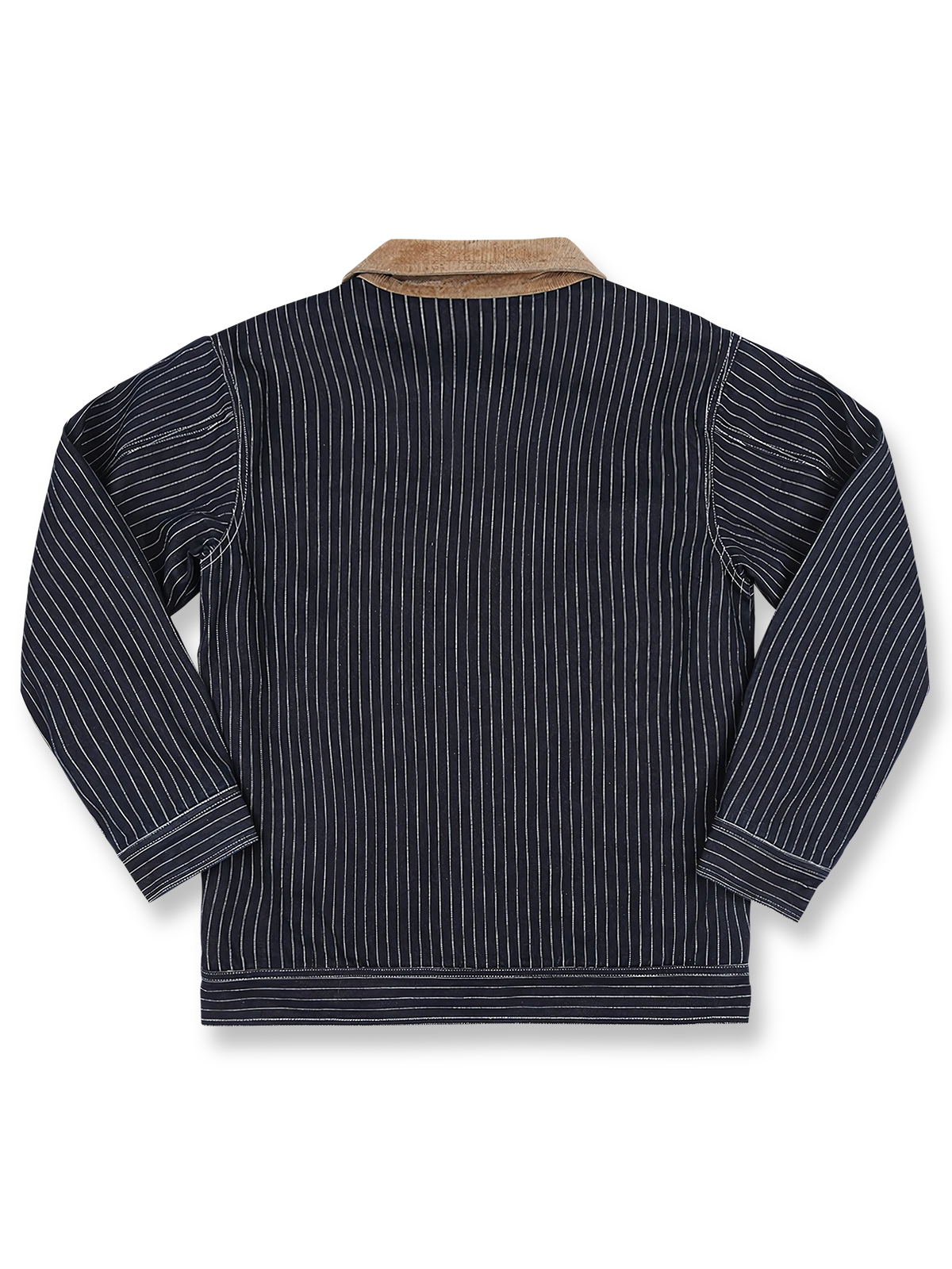 製品画像
「無地デニムとストライプデニムの2種類から選べるコーデュロイ襟付き多ポケットデニムジャケット全体像。クラシックなレトロデザインが特徴」

詳細画像
「コーデュロイ襟とウール混紡チェック柄裏地、金属パーツのブラス素材ディテールをクローズアップ。高い保温性とクラフトマンシップが光るデザイン」
