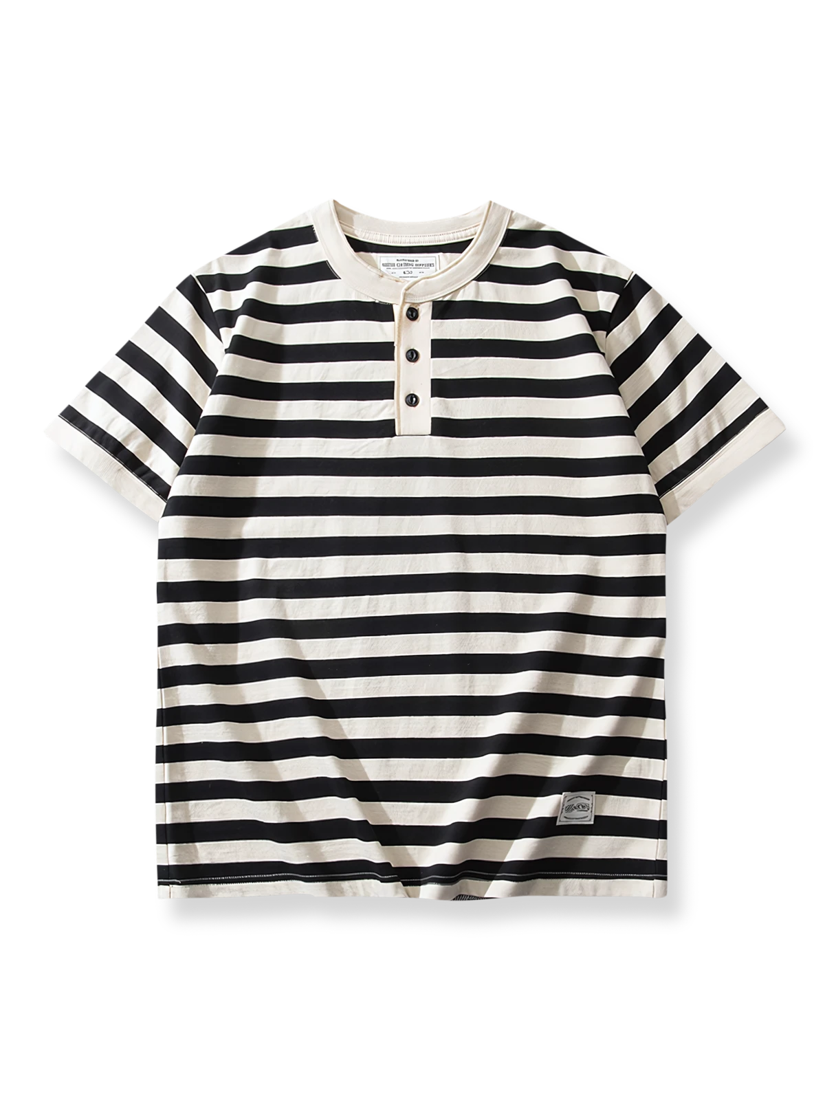 ネイビー ヘンリーネック ストライプTシャツ