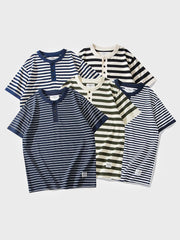 ネイビー ヘンリーネック ストライプTシャツ