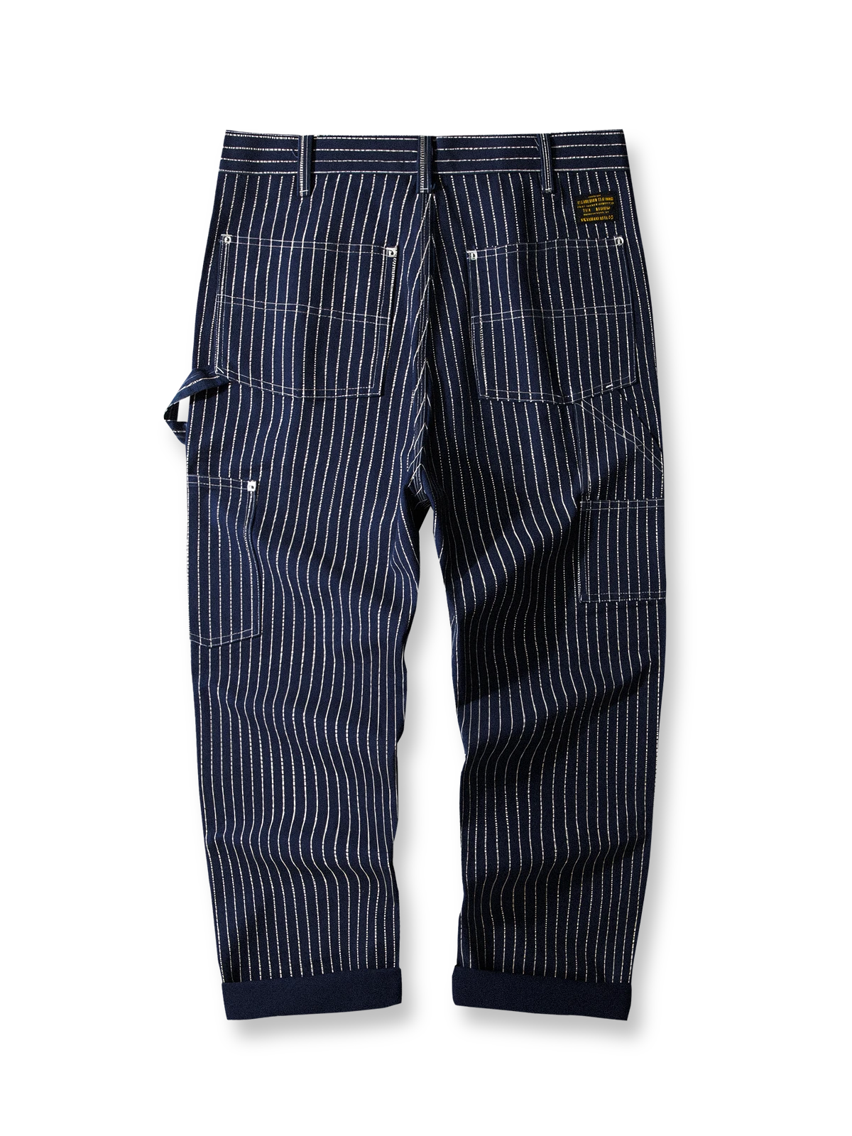 製品画像: 4色展開のWabashストライプロガーパンツ。クラシックなWabashストライプデザインと高耐久性の12oz帆布素材を使用し、アウトドアや作業シーンに最適な実用的でスタイリッシュなアイテム。

詳細画像: Wabashストライプの独特なドット柄と、膝部分の強化布ディテール。耐摩耗性に優れ、長時間の使用にも耐えるデザイン。