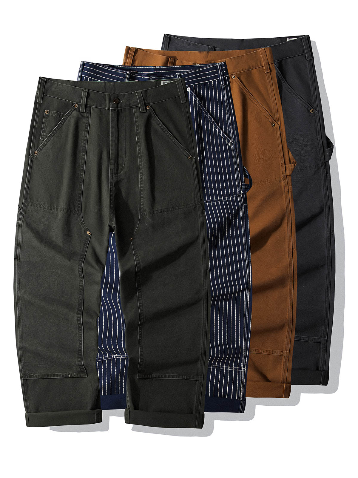 製品画像: 4色展開のWabashストライプロガーパンツ。クラシックなWabashストライプデザインと高耐久性の12oz帆布素材を使用し、アウトドアや作業シーンに最適な実用的でスタイリッシュなアイテム。

詳細画像: Wabashストライプの独特なドット柄と、膝部分の強化布ディテール。耐摩耗性に優れ、長時間の使用にも耐えるデザイン。