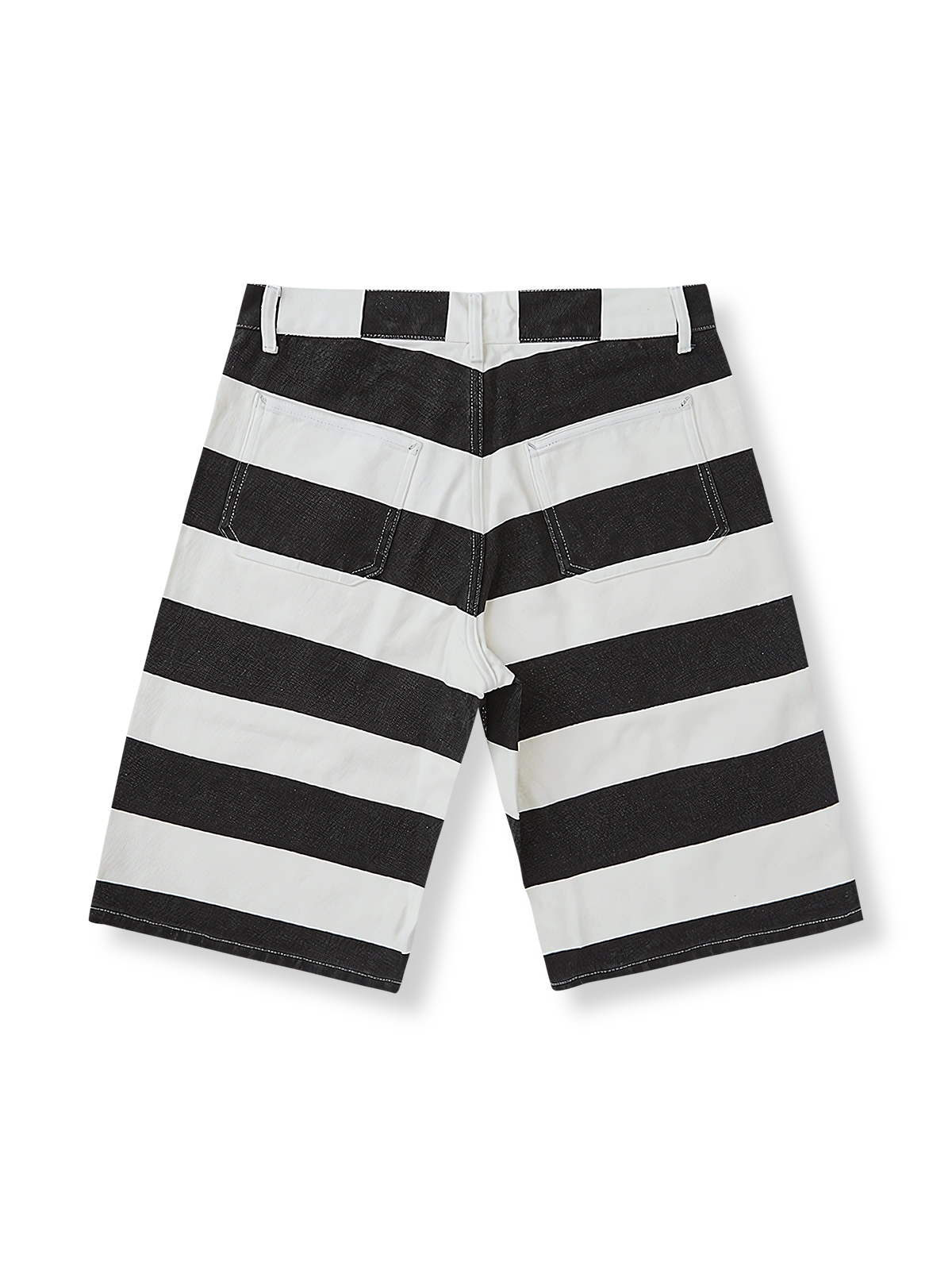 レトロモーターサイクルスタイルのストライプキャンバスワークショートパンツ正面ビュー、特徴的な黒白ストライプと耐久性のあるキャンバス素材を強調。