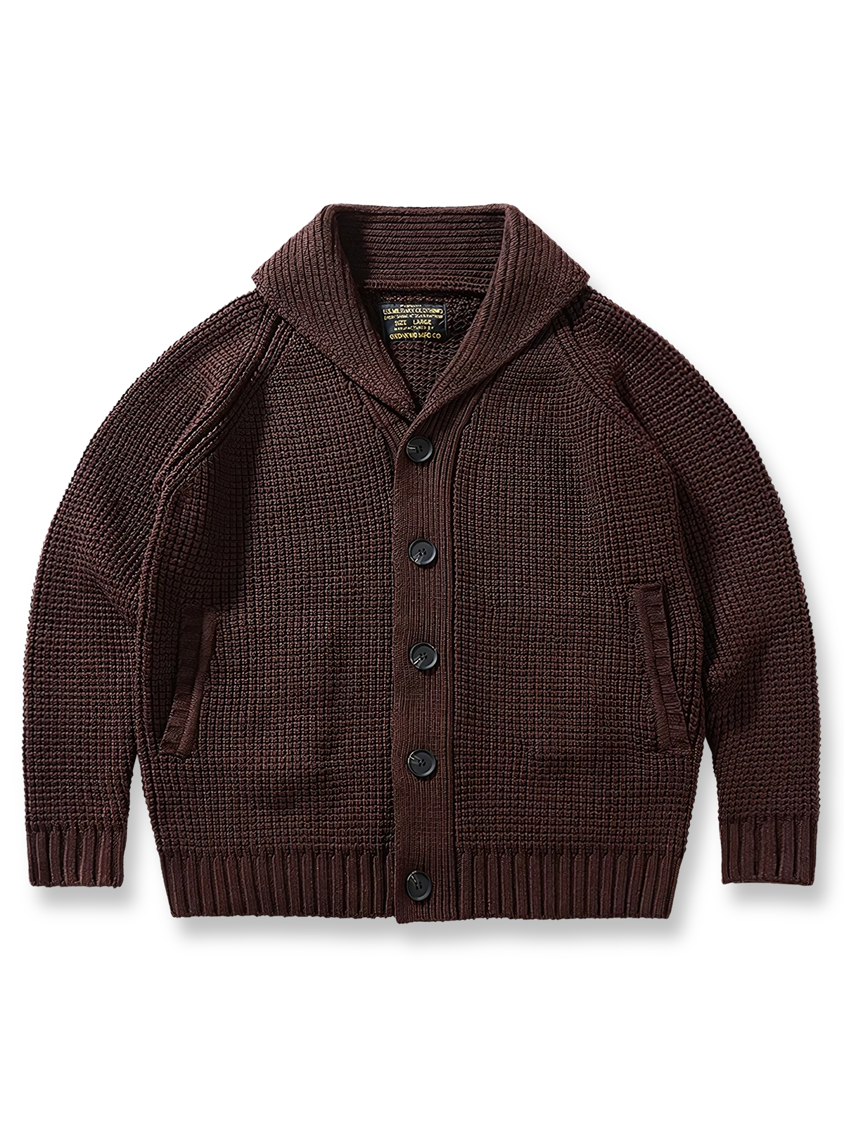 製品画像:
「ラウンドカラー ウール混紡 カーディガンの全体正面展示図。クラシックなワッフル柄デザインとウール65%混紡素材が特徴で、保温性とヴィンテージ感を兼ね備えた冬の定番アイテム。」

詳細画像:
「ラウンドカラー ウール混紡 カーディガンのワッフル柄ディテールとジャカード織り縁部分のクローズアップ。立体感のある柄と丁寧な縁加工が、全体の質感とデザイン性を引き立てます。」