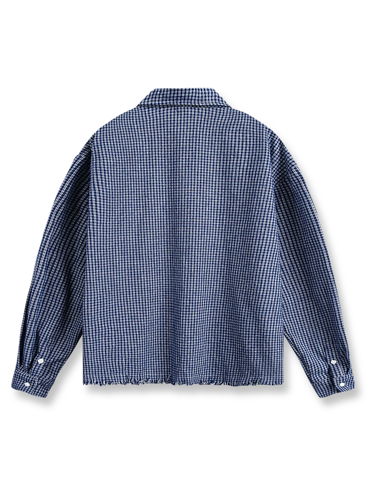 製品画像
「フリンジ加工 チェック柄シャツの正面全体図。ヴィンテージ感あふれるチェックパターンとフリンジヘムのデザインが特徴的で、個性的かつ多用途なスタイルを実現。ルーズフィットのシルエットと柔らかい素材感が快適な着心地を提供する万能アイテム。」

詳細画像
「フリンジ加工 チェック柄シャツのディテール特写。裾部分のフリンジ加工が視覚的なアクセントとなり、ヴィンテージ感を引き立てる。丁寧に作られたボタンと柔らかな素材感が、高い品質と快適さを強調している。」