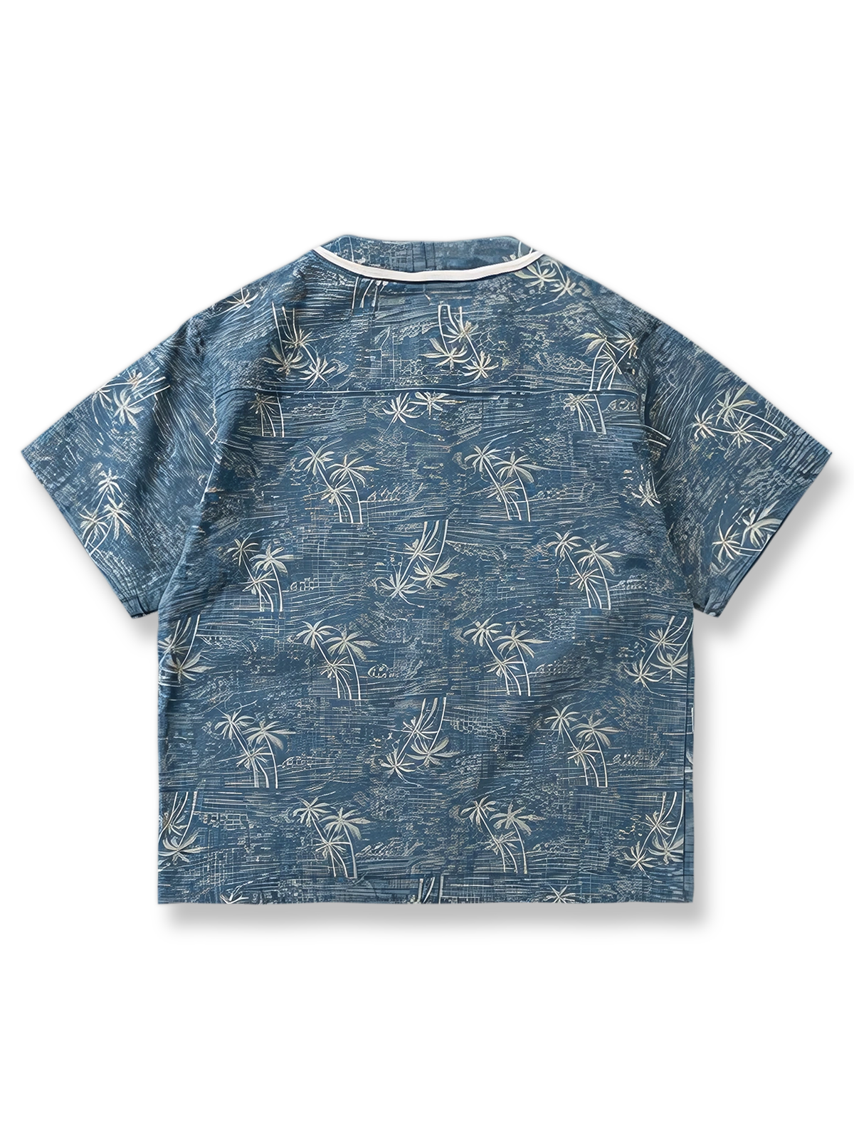 製品画像: トロピカルヤシ柄デニムノーカラー半袖シャツの全体展示