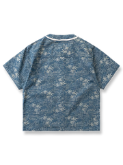 製品画像: トロピカルヤシ柄デニムノーカラー半袖シャツの全体展示