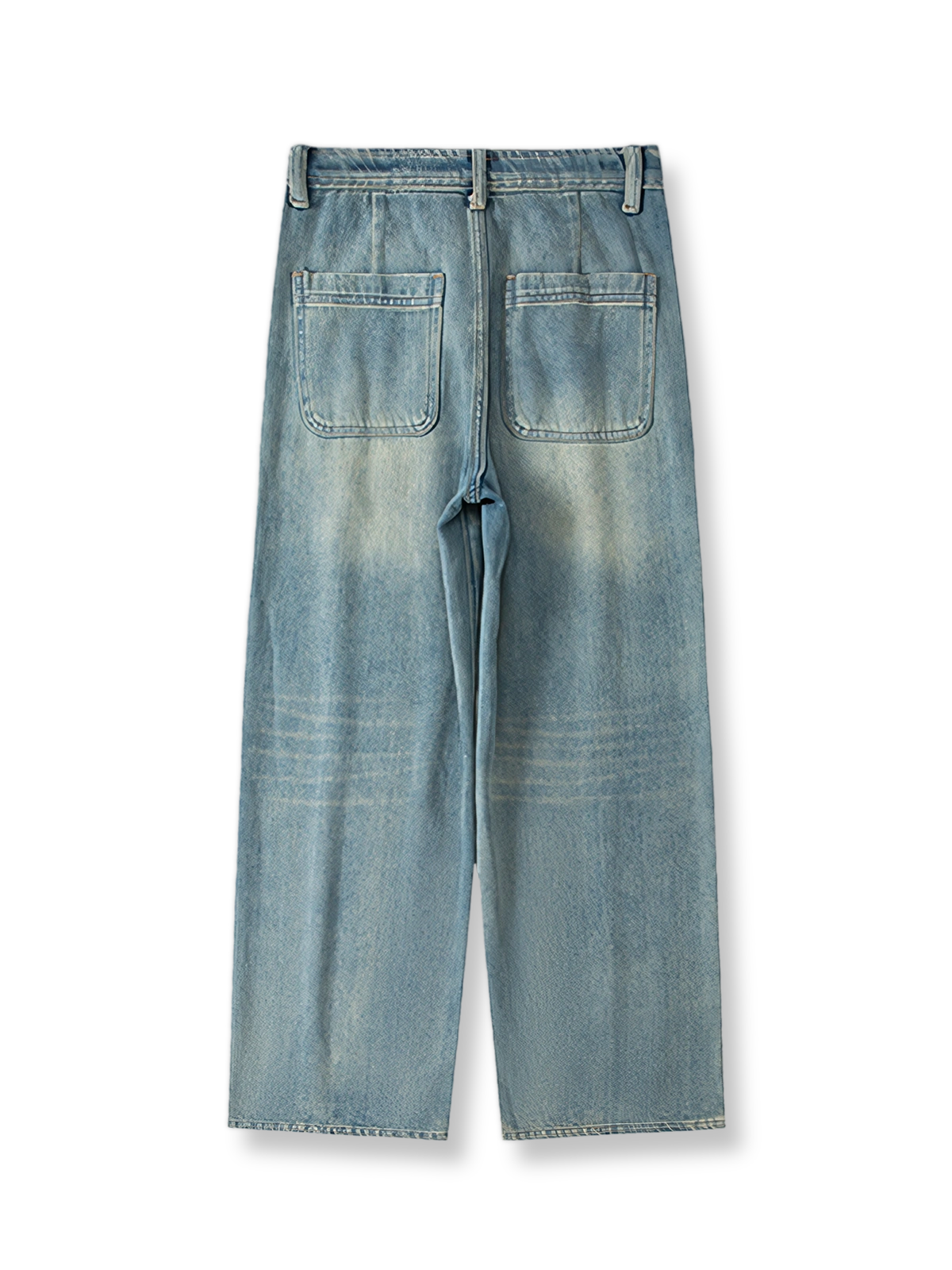 詳細画像: デニムパンツの猫ひげテクスチャデザインとヴィンテージウォッシュ加工のクローズアップ