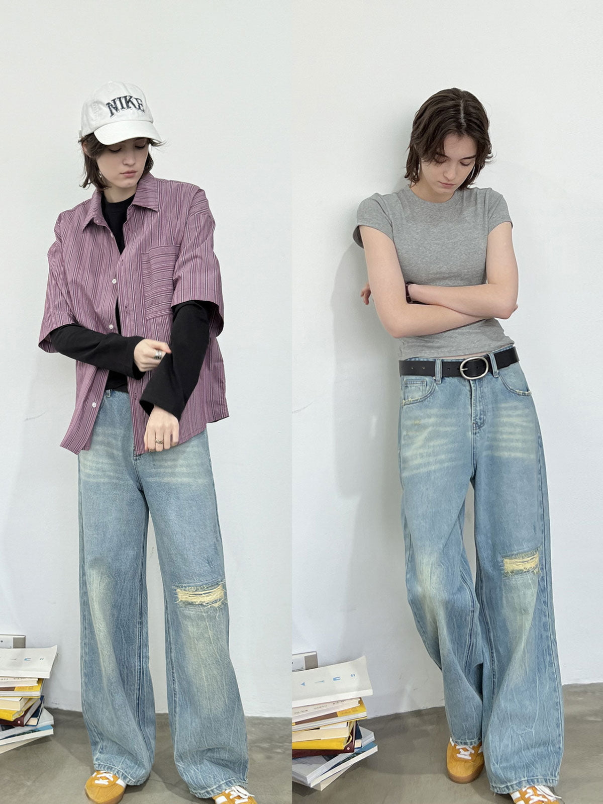 モデル画像: モデルが着用したアメリカンヴィンテージ風の破れストレートジーンズの展示