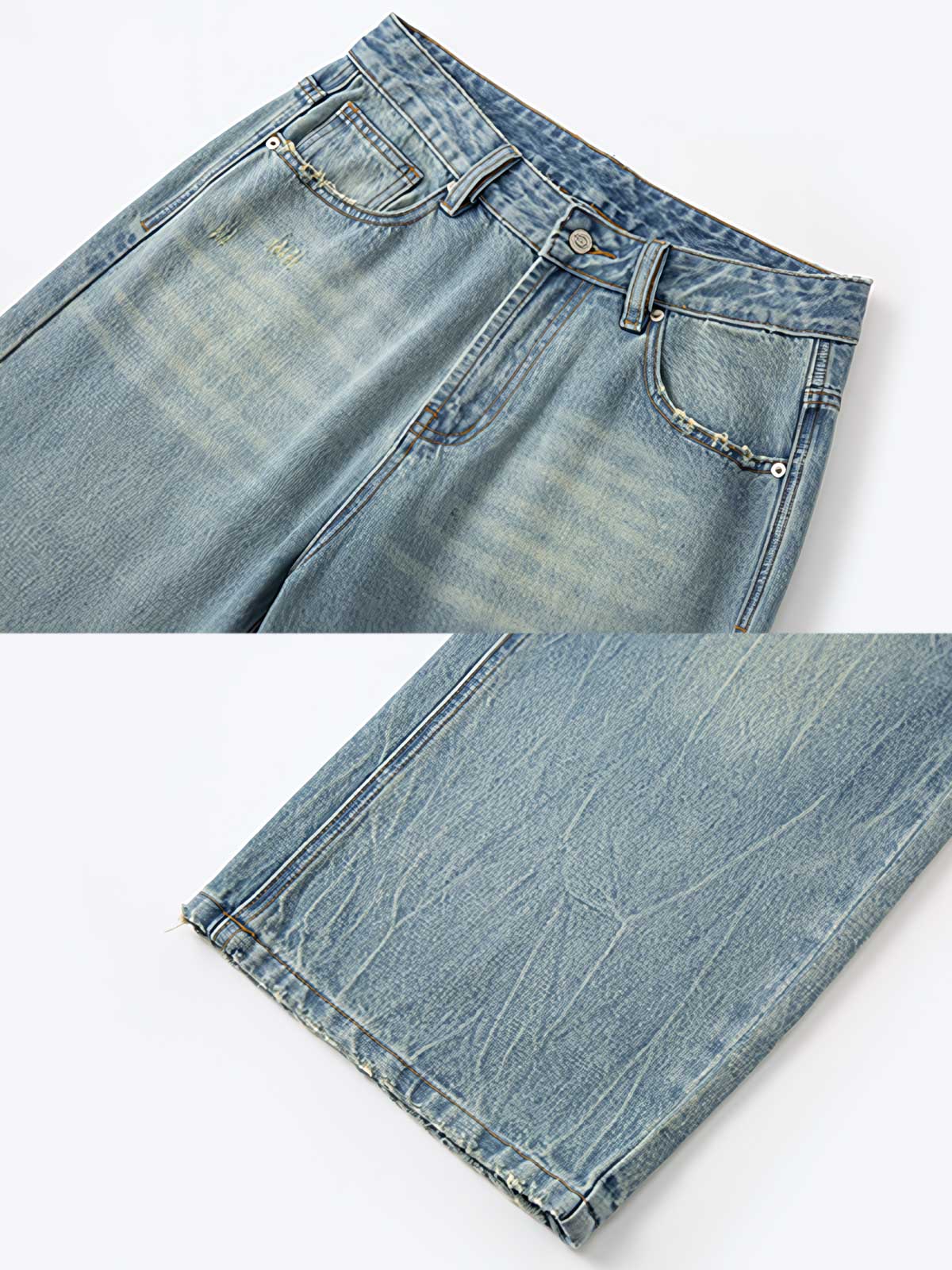 詳細画像: ジーンズの猫ひげ模様と破れのディテール特写