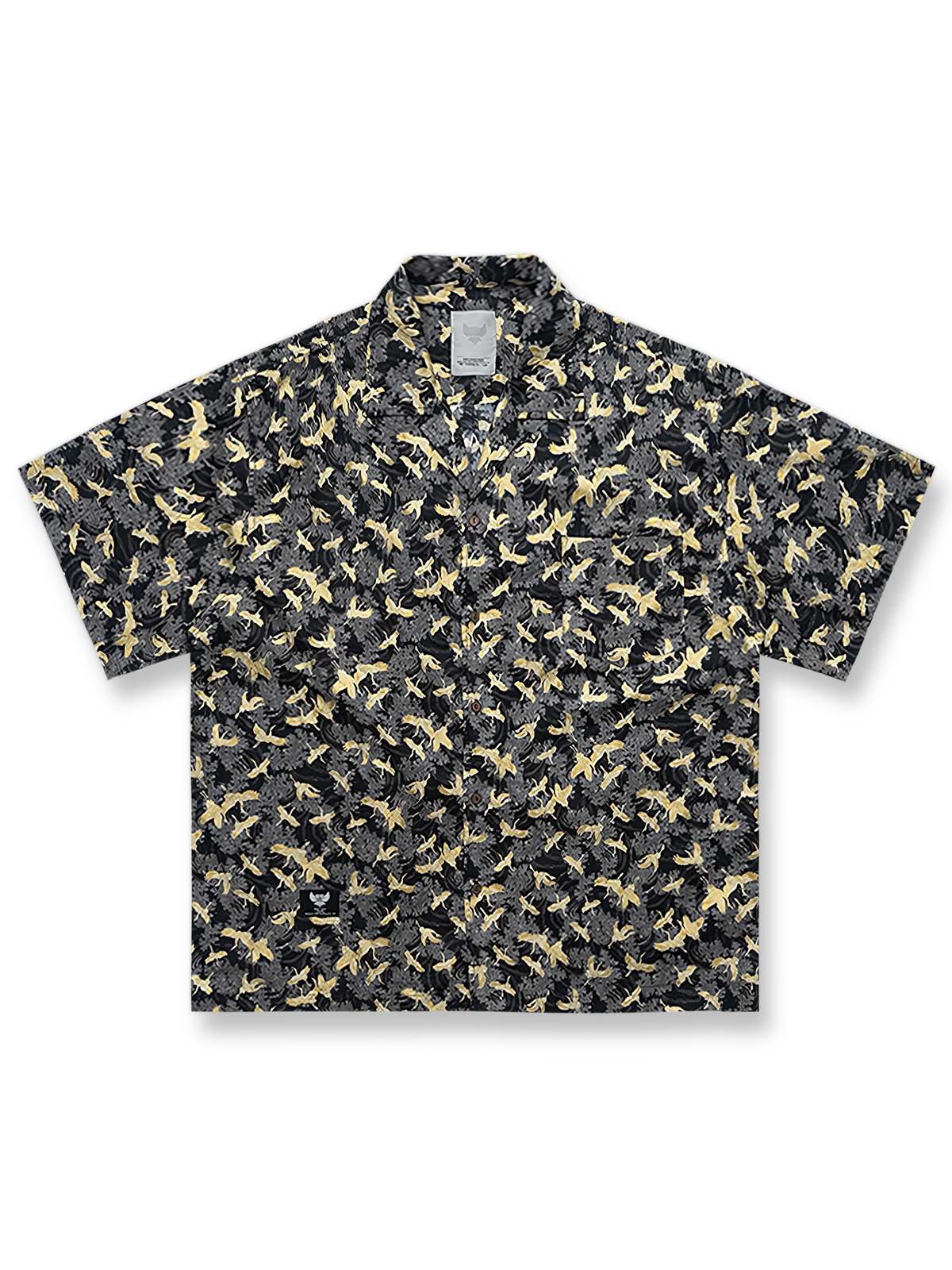 製品画像: 三頭鷹と鶴の手工印花アロハシャツの正面