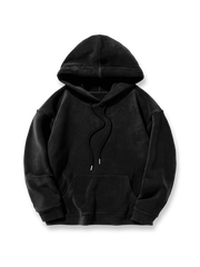 製品画像：
5色のカラーバリエーションが揃った厚手裏起毛フード付きパーカー。柔らかく肌に優しい手触りで、通気性も良好。寒い季節にぴったりな保温性を提供し、ゆったりとしたシルエットで快適な着心地。クラシックで実用性とファッション性を兼ね備えたデザイン。

詳細画像：
厚手の裏起毛素材を使用したフード付きパーカー。ポリエステル素材で作られており、肌に優しく、保温性が高い。ドローコード付きのフードデザインで、機能性とトレンド感を両立。