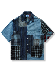 藍染 ボロ布パッチワーク アロハシャツ