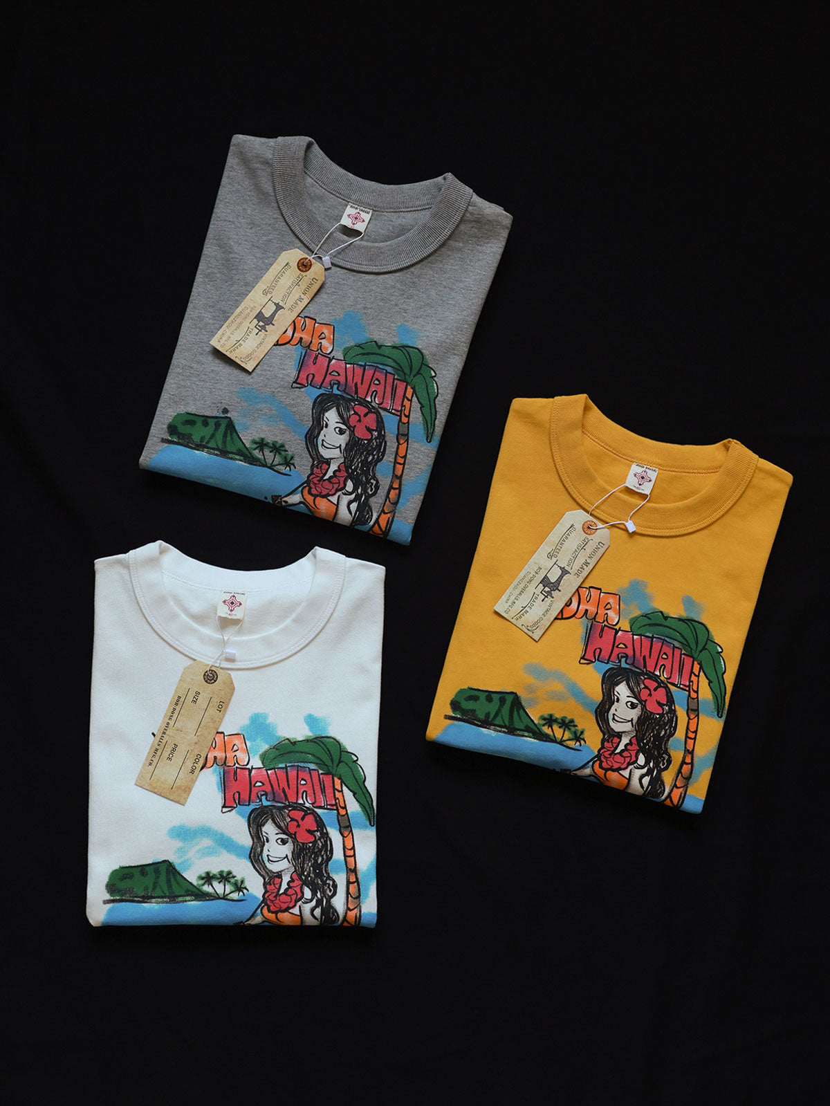 重厚なアメリカンヴィンテージハワイアンガール柄半袖Tシャツのプリントディテール