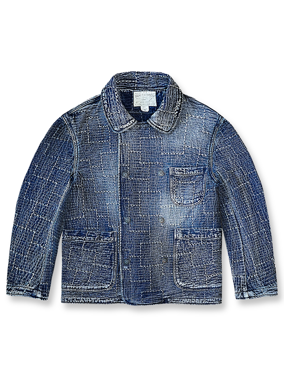 製品画像
"インディゴ ダブルボタン ジャケット、アメリカン・ヴィンテージスタイルのダブルボタンジャケット、450gのコーマコットン素材で作られた厚手で柔らかな生地、重工水洗い加工と手作業によるヴィンテージ仕上げ、刺し子（Sashiko）技術で施された精緻な縫製が特徴"

詳細画像
"インディゴ柄ダブルボタンジャケット、3種類のデザイン（ダイヤ柄、パターン柄、チェック柄）のインディゴ柄を採用、ヴィンテージ感を強調し、日本伝統の刺し子工法で仕上げた精緻なディテール、立体感と深みのあるデザイン"