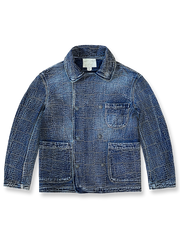 製品画像
"インディゴ ダブルボタン ジャケット、アメリカン・ヴィンテージスタイルのダブルボタンジャケット、450gのコーマコットン素材で作られた厚手で柔らかな生地、重工水洗い加工と手作業によるヴィンテージ仕上げ、刺し子（Sashiko）技術で施された精緻な縫製が特徴"

詳細画像
"インディゴ柄ダブルボタンジャケット、3種類のデザイン（ダイヤ柄、パターン柄、チェック柄）のインディゴ柄を採用、ヴィンテージ感を強調し、日本伝統の刺し子工法で仕上げた精緻なディテール、立体感と深みのあるデザイン"