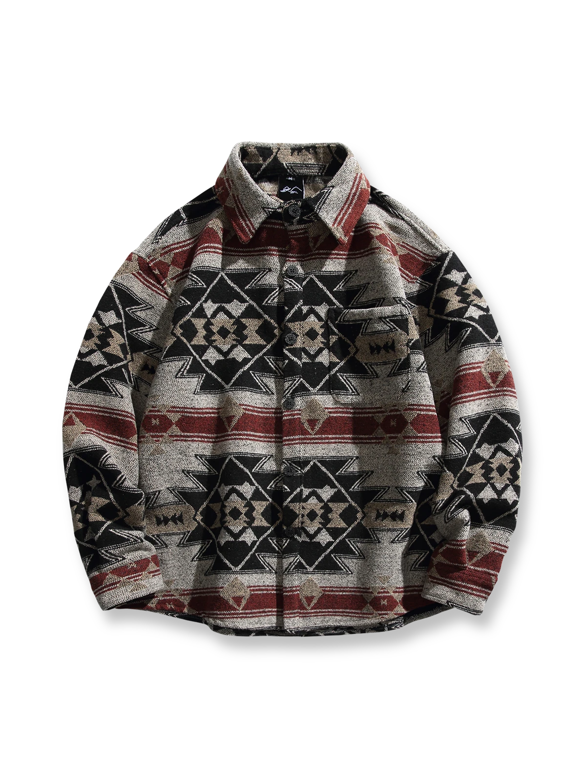 製品画像
ナバホ族の幾何学模様を取り入れたジャカード織りのウール混長袖シャツ。優れた保温性と柔らかな肌触りを実現し、レトロなスタイルと民族的な風情が特徴です。クラシックな翻領デザインで、秋冬シーズンに最適なアイテム。

詳細画像
ナバホ族の模様をジャカード織りで表現したディテール、ウールと混紡素材で作られた柔らかな肌触りと保温性。レトロなデザインとともに、しっかりとした仕立てが魅力的。
