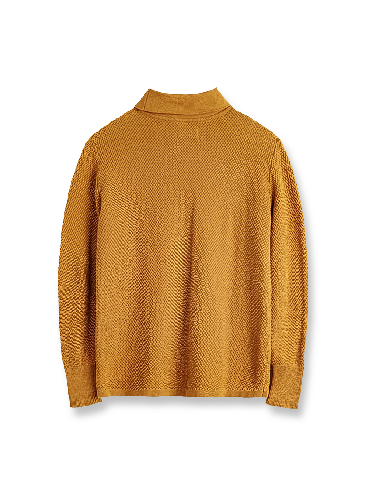 製品画像: ダイヤモンド柄編みスタンドカラーニット メンズ 秋冬 防寒 通気性 ジンジャーイエロー 全体画像
詳細画像: ダイヤモンド柄編みの肌理と防風リブ袖口ディテール