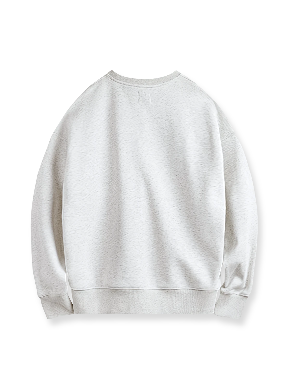 製品画像： ライトグレーの裏起毛クルーネックスウェット全体イメージ画像。リラックスシルエットとドロップショルダーデザインが特徴で、胸元には「ピースマーク」プリントがアクセント。単独でもインナーとしても活躍する秋冬の万能アイテム。
詳細画像： 胸元に配置された精巧な「ピースマーク」プリントとクラシックなリブ仕様のネックや裾をクローズアップした画像。保温性と耐久性を兼ね備えた裏起毛素材が際立つ。