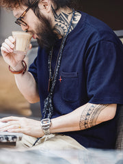 藍染め 刺繍ドロップショルダーTシャツ