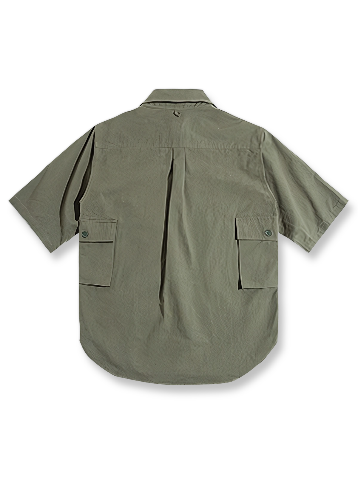 製品画像：ミリタリーグリーンのマルチポケットアウトドア半袖シャツ反面図