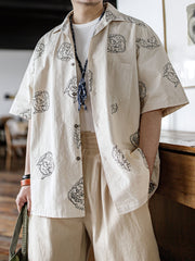 風神雷神プリント キューバシャツ