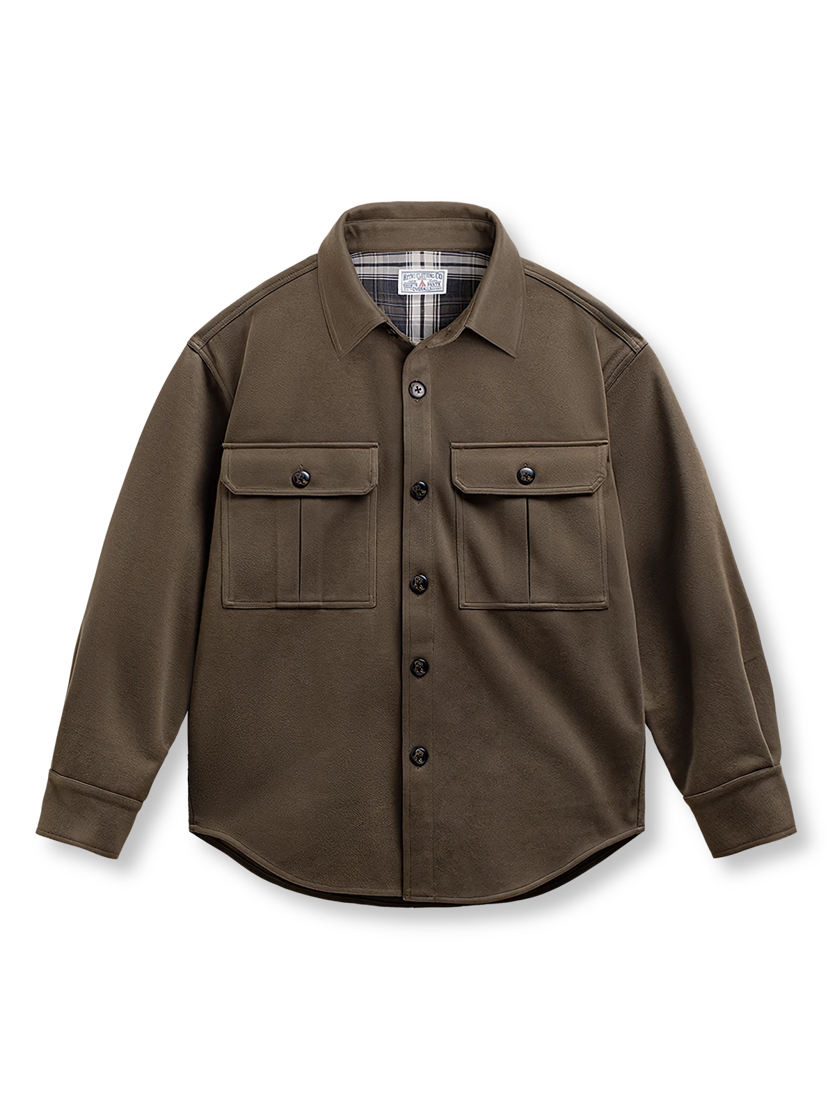 製品画像: 400gのスターリースカイウール混素材を使用したクラシックでモダンな長袖シャツ全体の外観。
詳細画像: フラップ付きダブルポケットやレーザー加工木製ボタン、袖口の直角スリットデザインをクローズアップ。