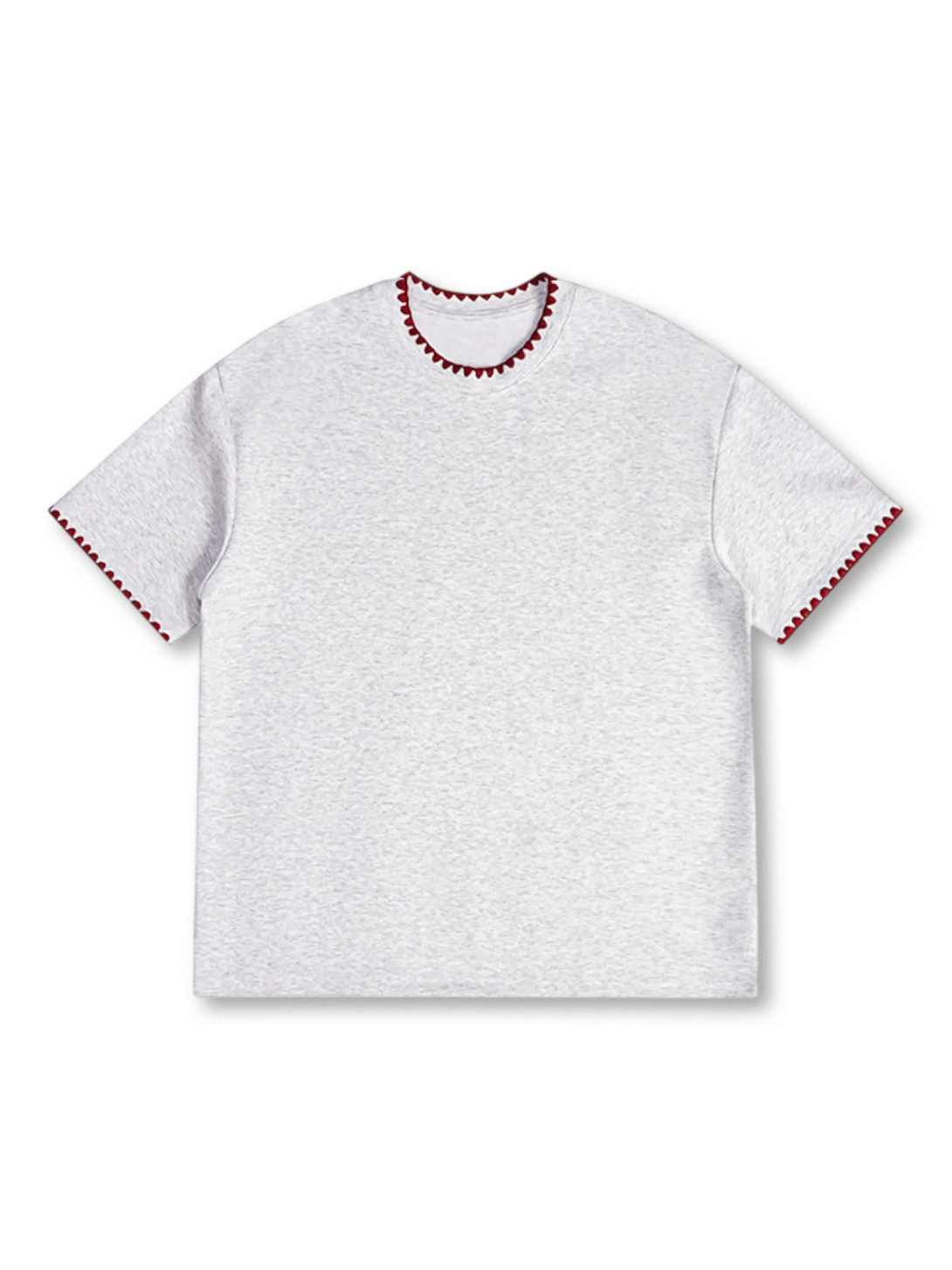 グレーとブラックのクルーネックTシャツ、衿と袖口に貝殻刺繍をあしらったデザイン
