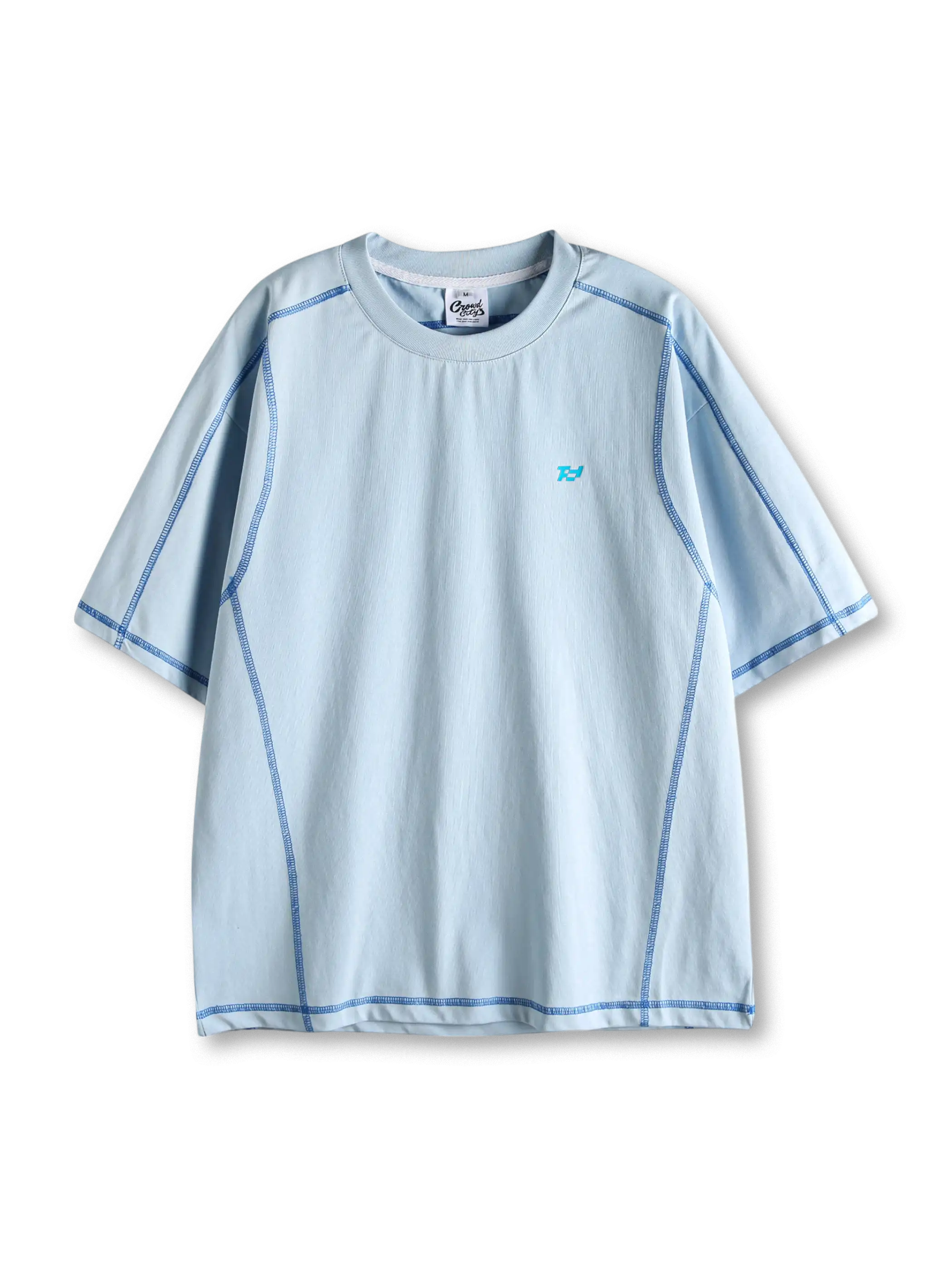 ラグラン風切り替えを配したグレーの機能性Tシャツ全体像
