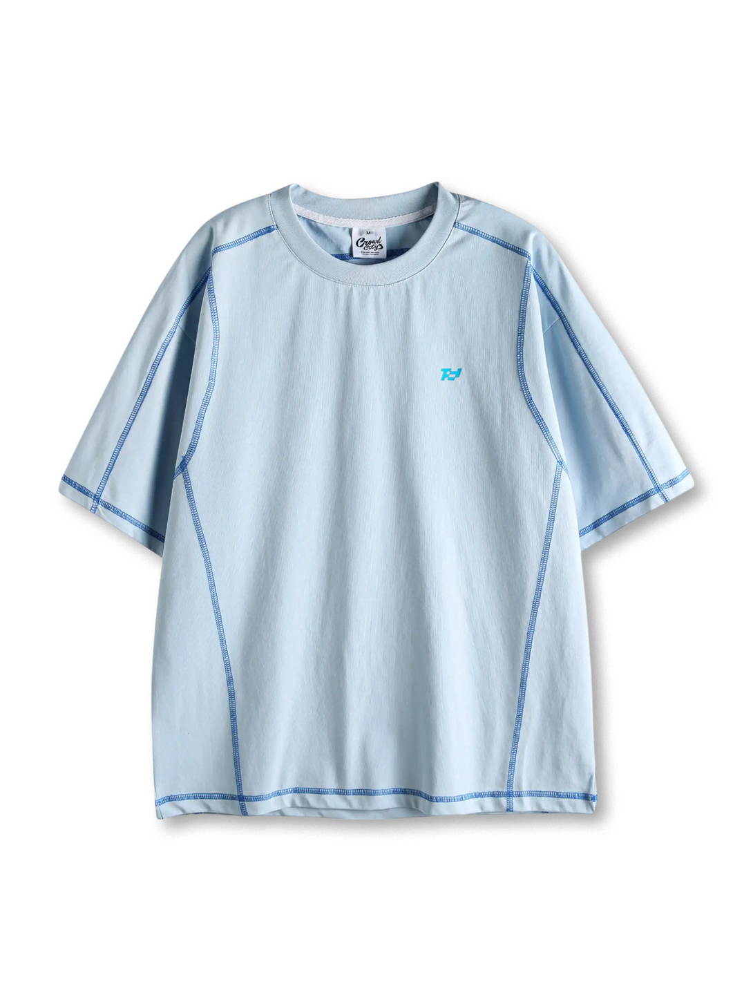 ラグラン風切り替えを配したグレーの機能性Tシャツ全体像
