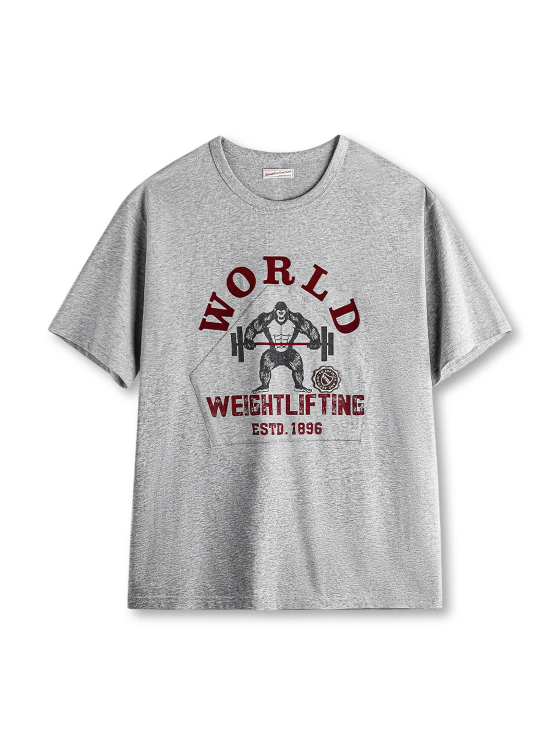 猿がバーベルを持ち上げるグラフィックを背負ったグレーヘザーTシャツ
