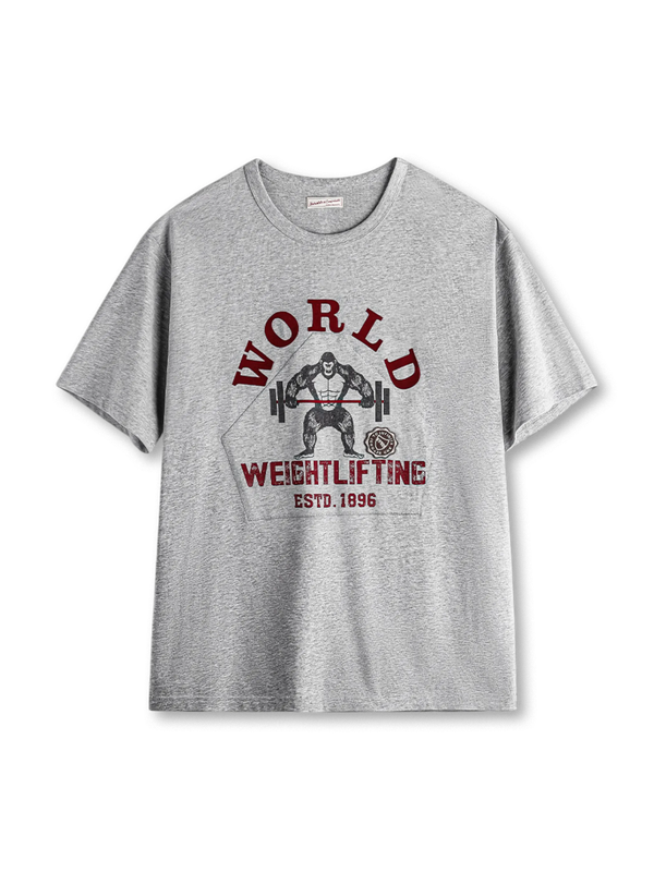 猿がバーベルを持ち上げるグラフィックを背負ったグレーヘザーTシャツ
